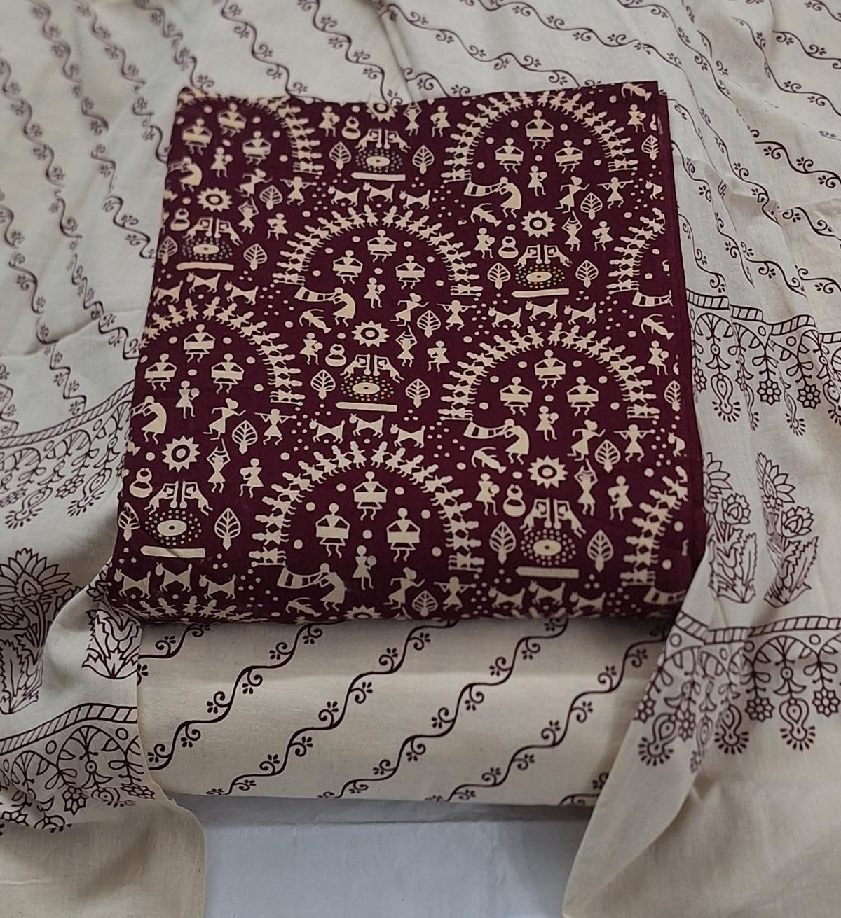 DRAVINAM Trends Women's Premium Cotton Unstitched Salwar Suit Dress Material Set | Traditional Rajasthani Gujari Block Print (Red & Mustard Yellow)