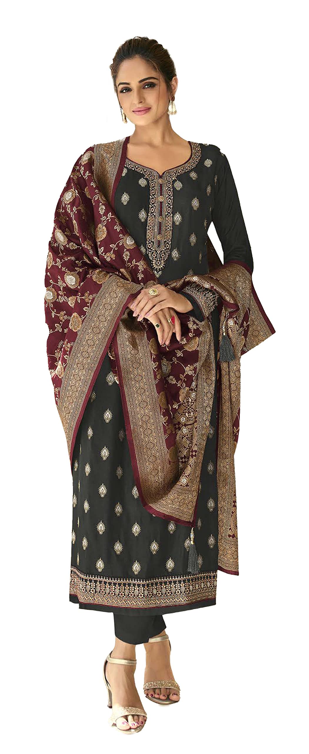 DRAVINAM Trends Women's Dola Jacquard Double Zari Embroidered Unstitched Salwar Suit Dress Material with Dola Jacquard Double Jari Heavy Dupatta (Maroon)