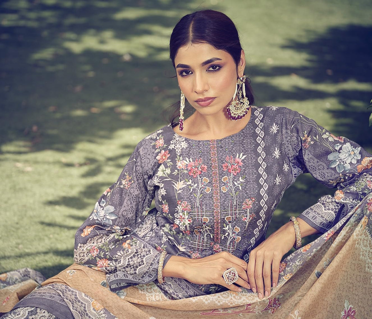 DRAVINAM Trends Unstitched Pakistani Print Embroidered Cotton Suit Dress Materials with Printed Cotton Dupatta