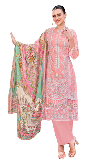 DRAVINAM Trends Women's Exquisite Unstitched Viscose Cambric Lawn Cotton Suit Dress Material with Embroidered Daman & Sleeves | Stylish Pure Cotton Digital Print Dupatta & Solid Bottoms