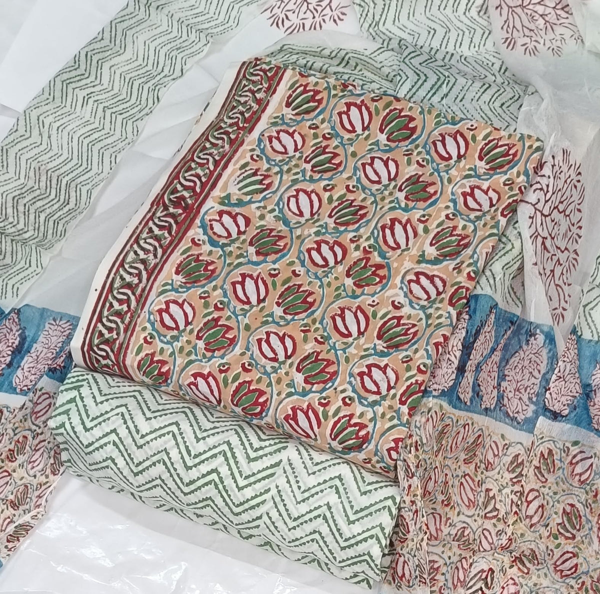 DRAVINAM Trends Hand Block Print Cambric Cotton Unstitched Salwar Suit Set for Women with Pure Chiffon Hand Printed Dupatta
