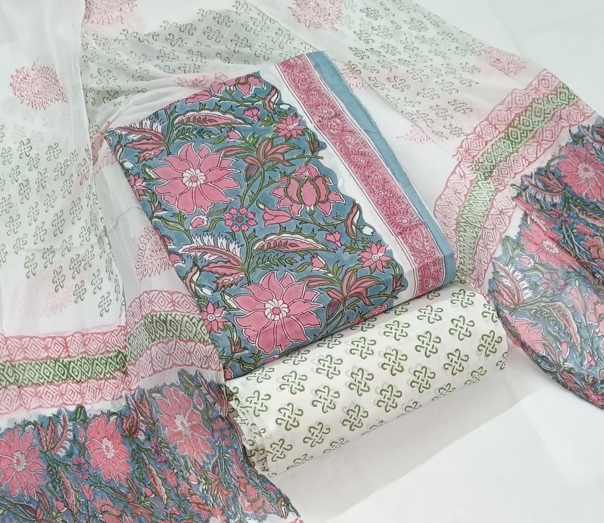 DRAVINAM Trends Hand Block Print Pure Cambric Cotton Unstitched Suit Material with Chiffon Hand Printed Dupatta