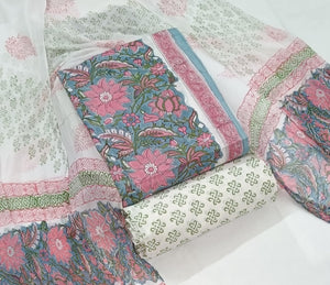DRAVINAM Trends Hand Block Print Pure Cambric Cotton Unstitched Suit Material with Chiffon Hand Printed Dupatta