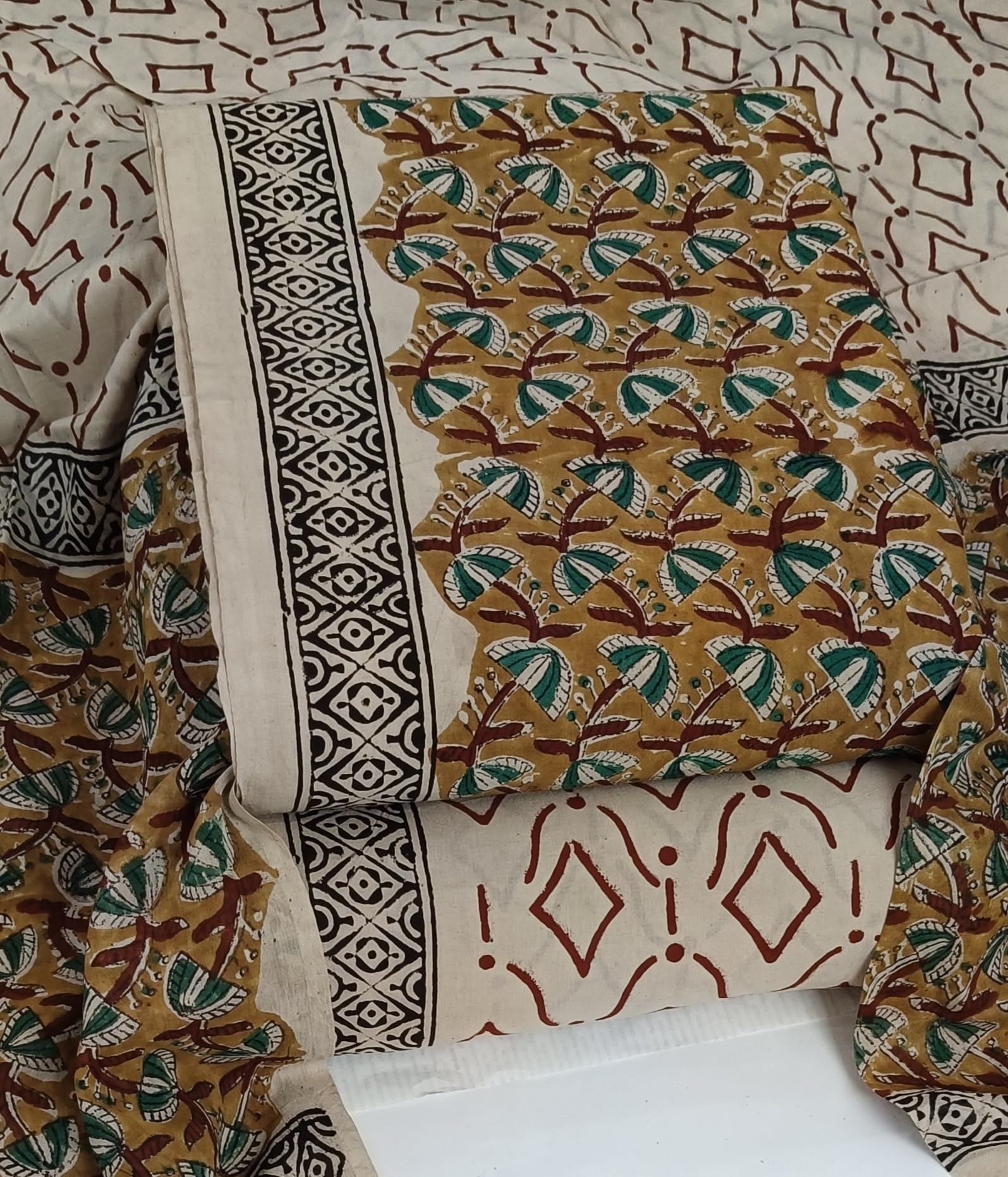 DRAVINAM Trends Women's Jaipuri Pure Cotton Handmade Floral Block Bagh Print Unstitched Dress Material Set with Dupatta (Top, Bottom, and Dupatta Fabric)