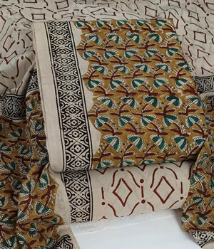 DRAVINAM Trends Women's Jaipuri Pure Cotton Handmade Floral Block Bagh Print Unstitched Dress Material Set with Dupatta (Top, Bottom, and Dupatta Fabric)
