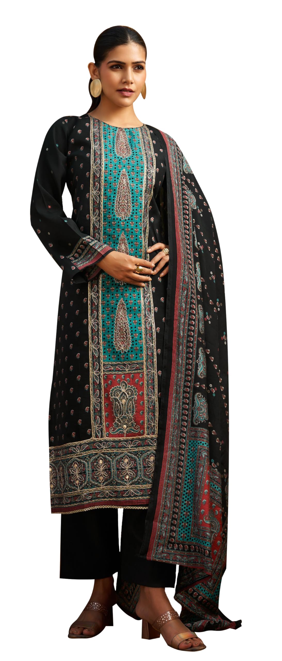 DRAVINAM Trends Women's Unstitched Maslin Suit Material - Embroidered Digital Printed Foil Masline Top II Masline Bottoms II Maslin Digital Dupatta
