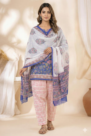 DRAVINAM Trends Hand Block Print Cambric Cotton Unstitched Salwar Suit Set for Women with Pure Chiffon Hand Printed Dupatta