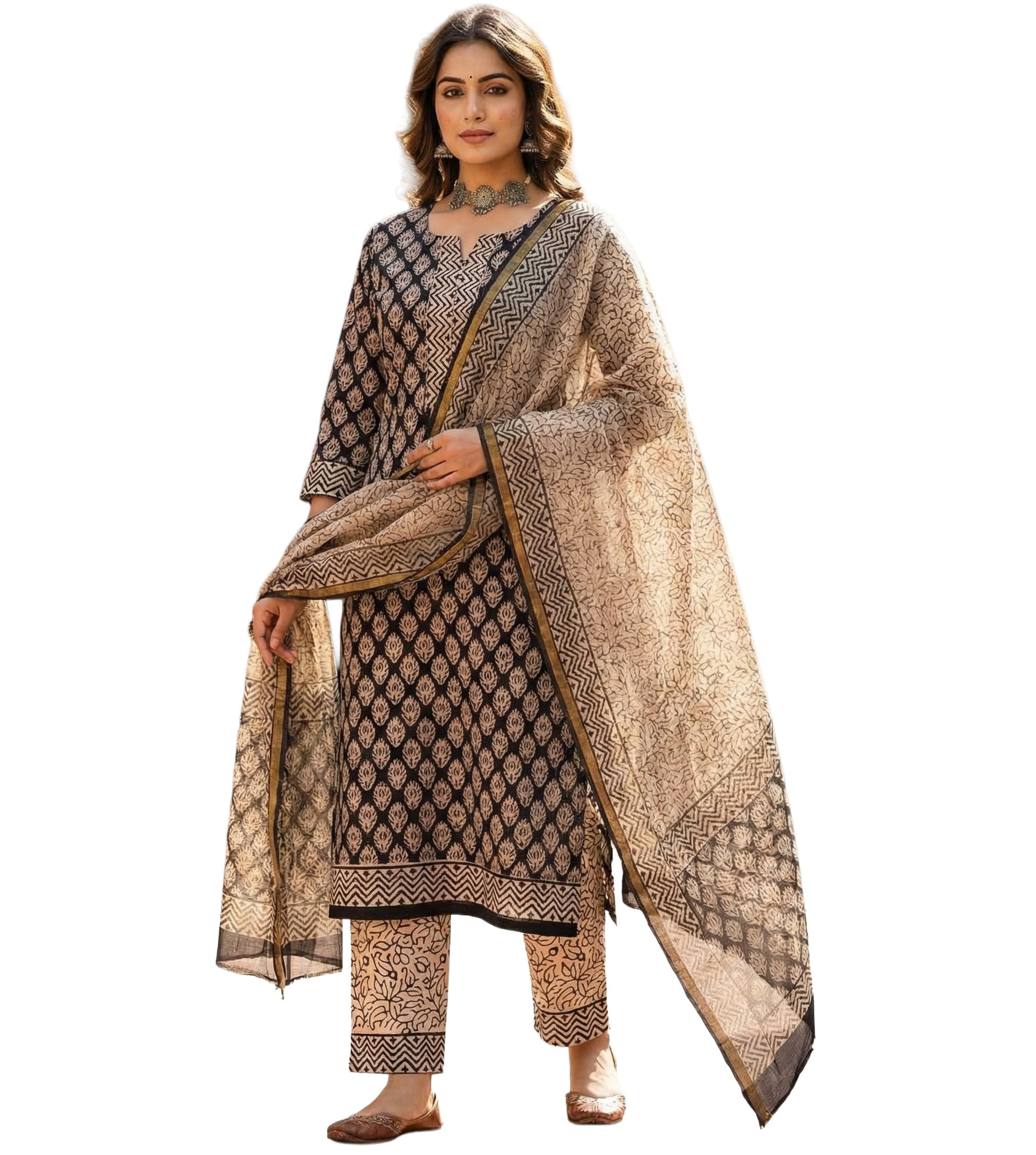 DRAVINAM Trends Sanganeri Hand Block Print Pure Cambric Unstitched Cotton Suit Dress Material with Kota Doriya Hand Printed Dupatta