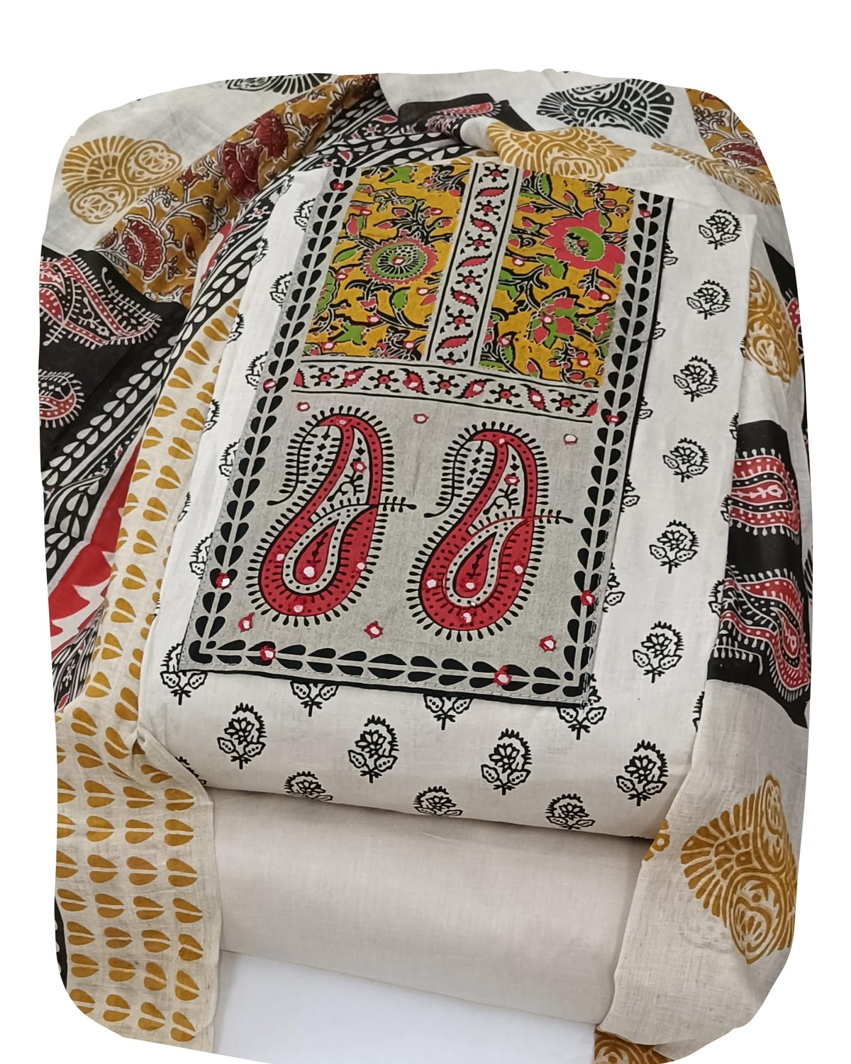 DRAVINAM Trends Women's Unstitched Cambric Cotton Dress Material Salwar Suit Set with Dupatta | Geometric Batik Print & Embellished Neckline (Multicolor)