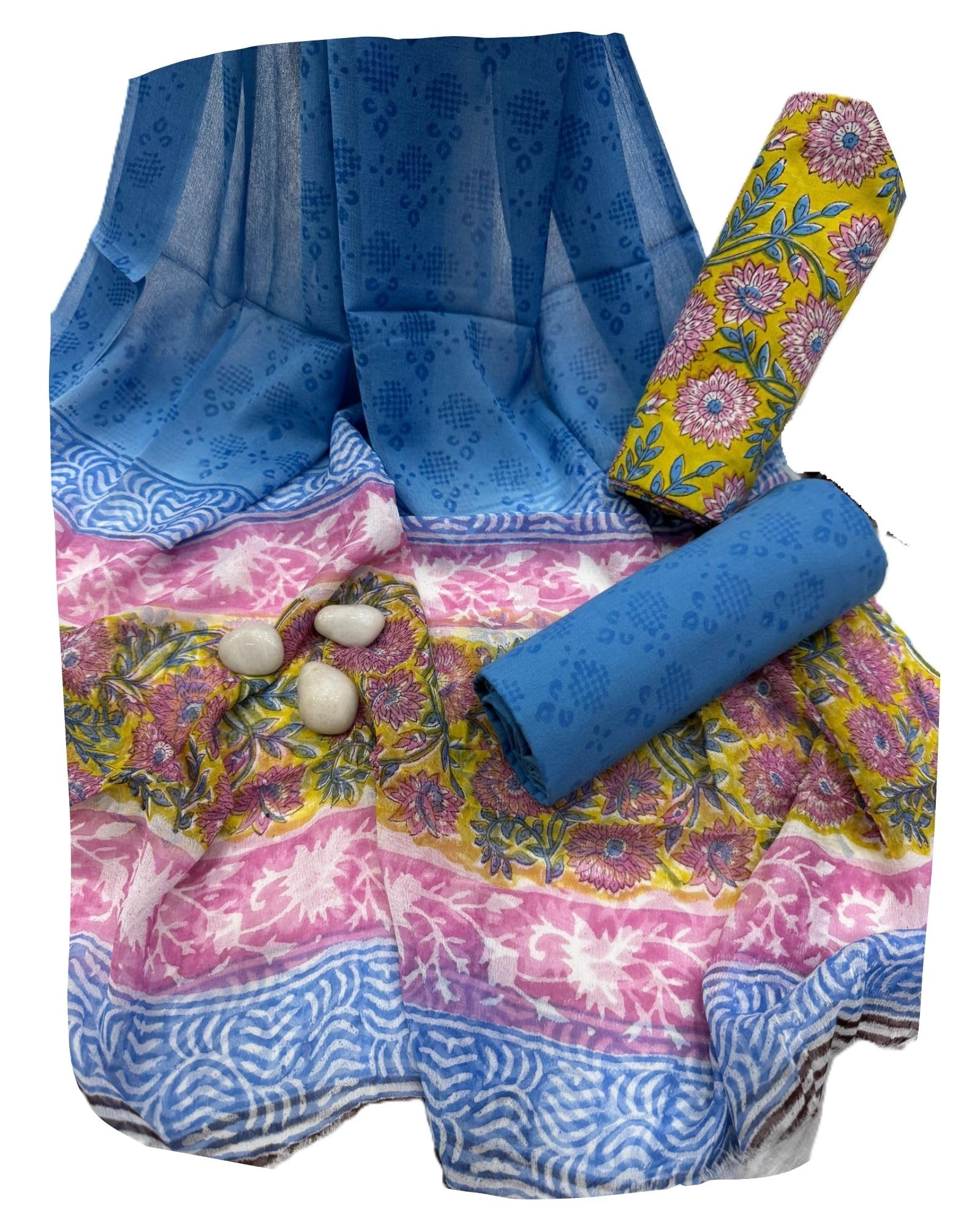 DRAVINAM Trends Hand Block Print Cambric Cotton Unstitched Salwar Suit Set for Women with Pure Chiffon Hand Printed Dupatta