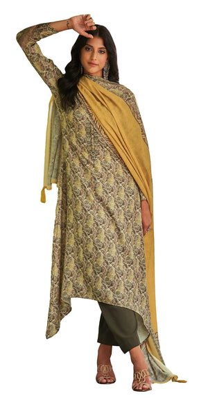 DRAVINAM Trends Women's Pure Pashmina wool Digital Print Fancy Embroidery Work Warm Salwar Kameez Dress Material with Pure Woollen Pashmina Printed Woven Shawl Dupatta (Brown)