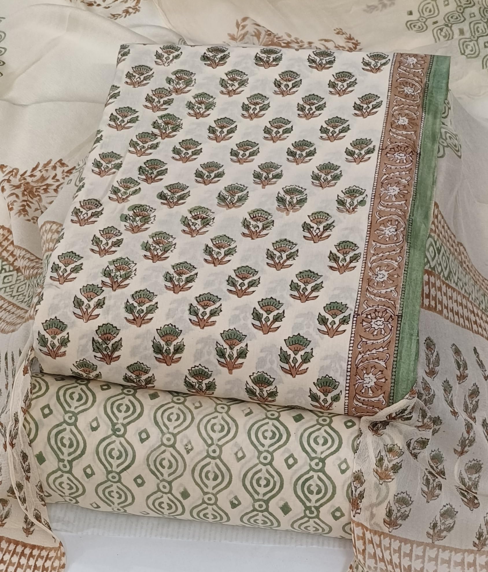 DRAVINAM Trends Hand Block Print Cambric Cotton Unstitched Salwar Suit Set for Women with Pure Chiffon Hand Printed Dupatta