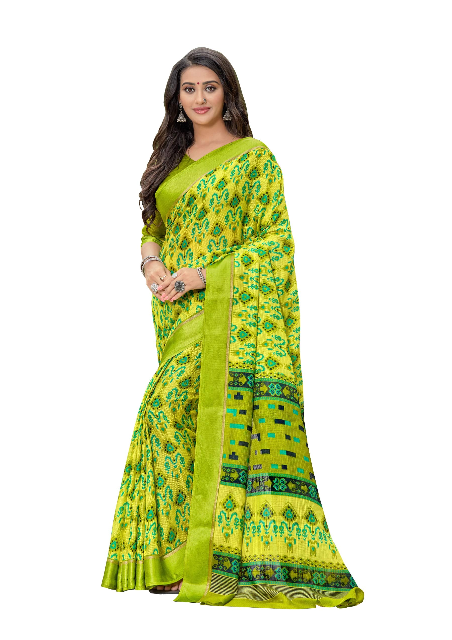 DRAVINAM Trends Women's Woven Kota Cotton Printed Check Saree with Satin Border and Blouse Piece (Parrot Green)