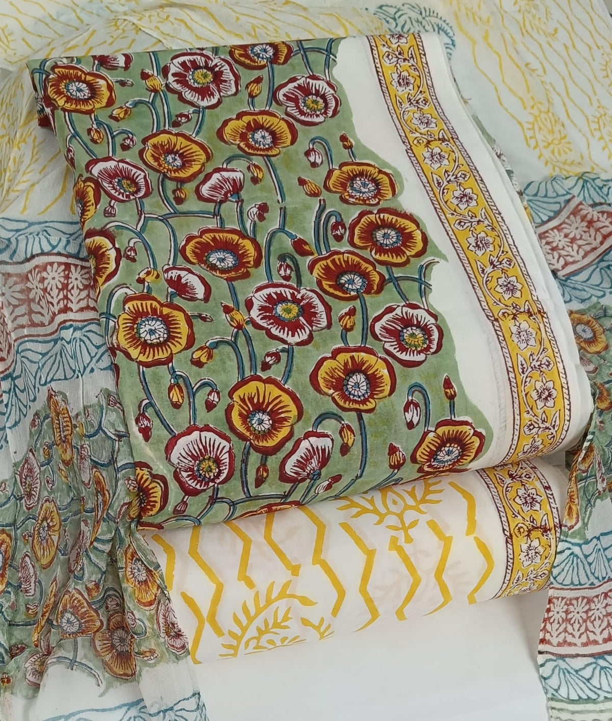 DRAVINAM Trends Hand Block Print Cambric Cotton Unstitched Salwar Suit Set for Women with Pure Chiffon Hand Printed Dupatta