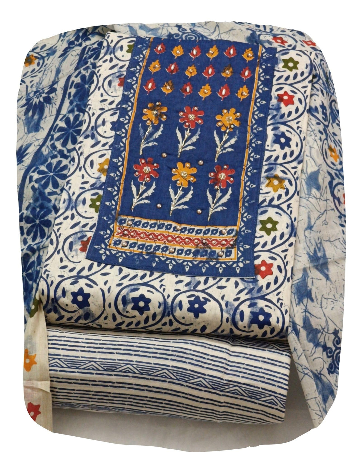 DRAVINAM Trends Women's Unstitched Cambric Cotton Dress Material Salwar Suit Set with Dupatta | Geometric Batik Print & Embellished Neckline (Multicolor)