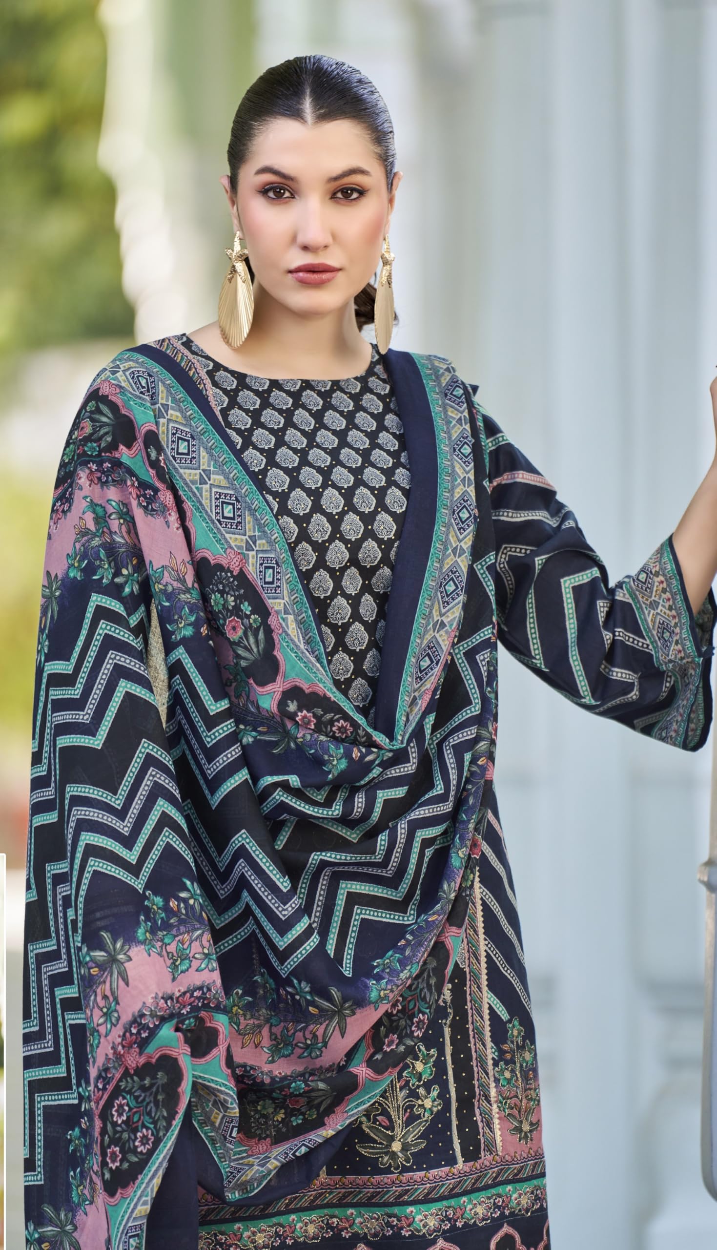 DRAVINAM Trends Kurti 2.50 mtrs, Pure Cotton (3 mtrs apx), Pure MAL MAL Cotton Dupatta Print (2.30|Black