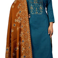 DRAVINAM Trends Women's Unstitched Winter Wear Spun Wool Embroidered Printed Salwar Suit Dress Material with Spun Printed Shawl Dupatta (Blue)