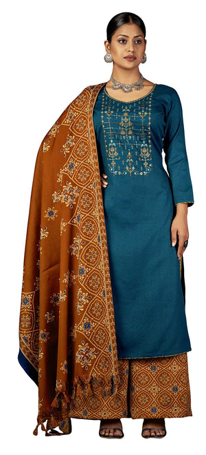 DRAVINAM Trends Women's Unstitched Winter Wear Spun Wool Embroidered Printed Palazzo Salwar Suit Dress Material with Spun Printed Shawl Dupatta (Yellow)