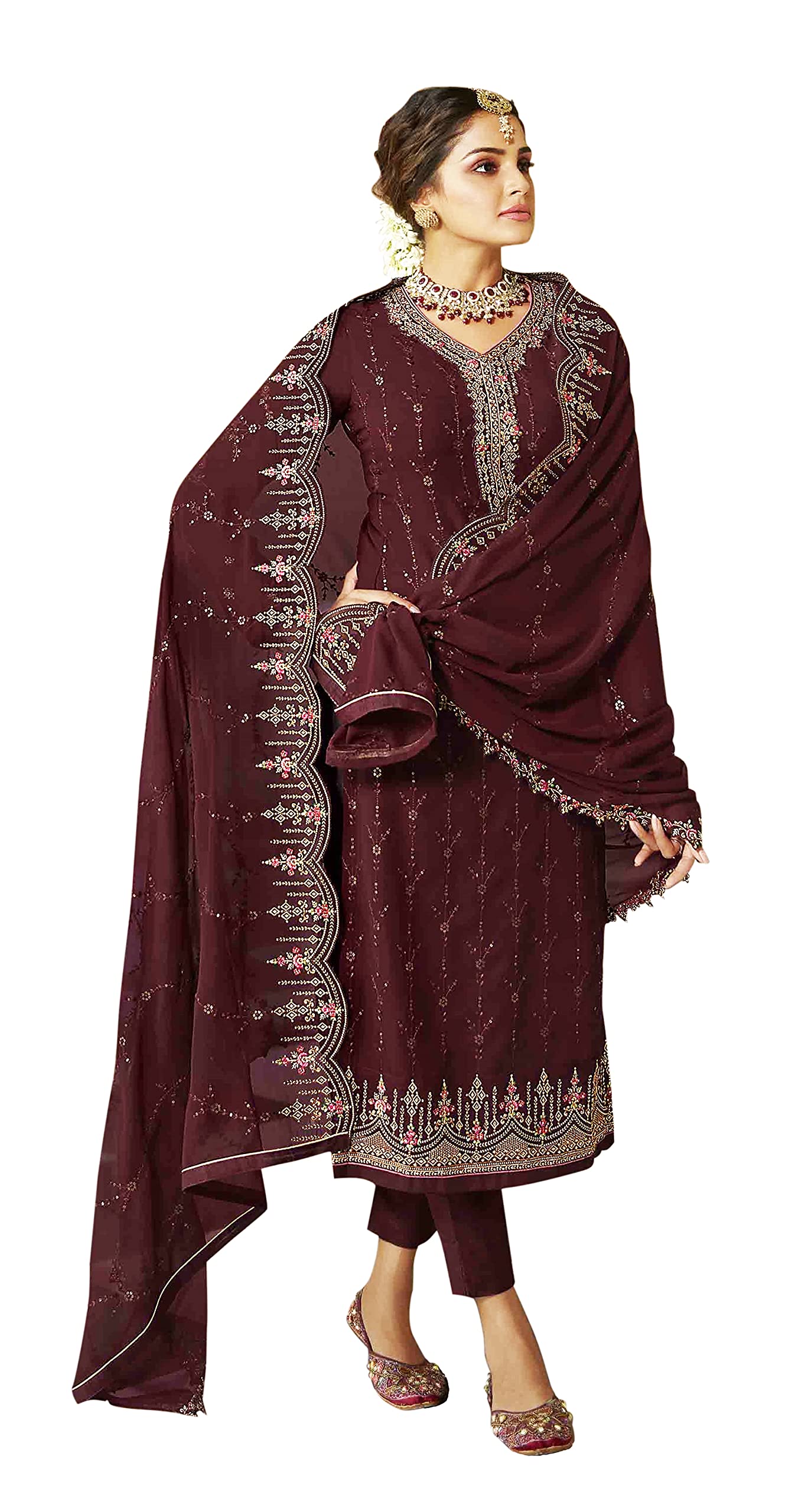 DRAVINAM Trends Women's Heavy Embroidered Pure Georgette Sharara Salwar Suit Dress Material with Heavy Embroidered Pure Georgette Dupatta (Free size_Maroonish red)