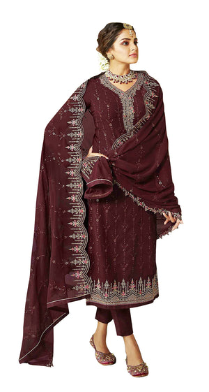 DRAVINAM Trends Women's Heavy Embroidered Pure Georgette Sharara Salwar Suit Dress Material with Heavy Embroidered Pure Georgette Dupatta (Free size_Maroonish red)