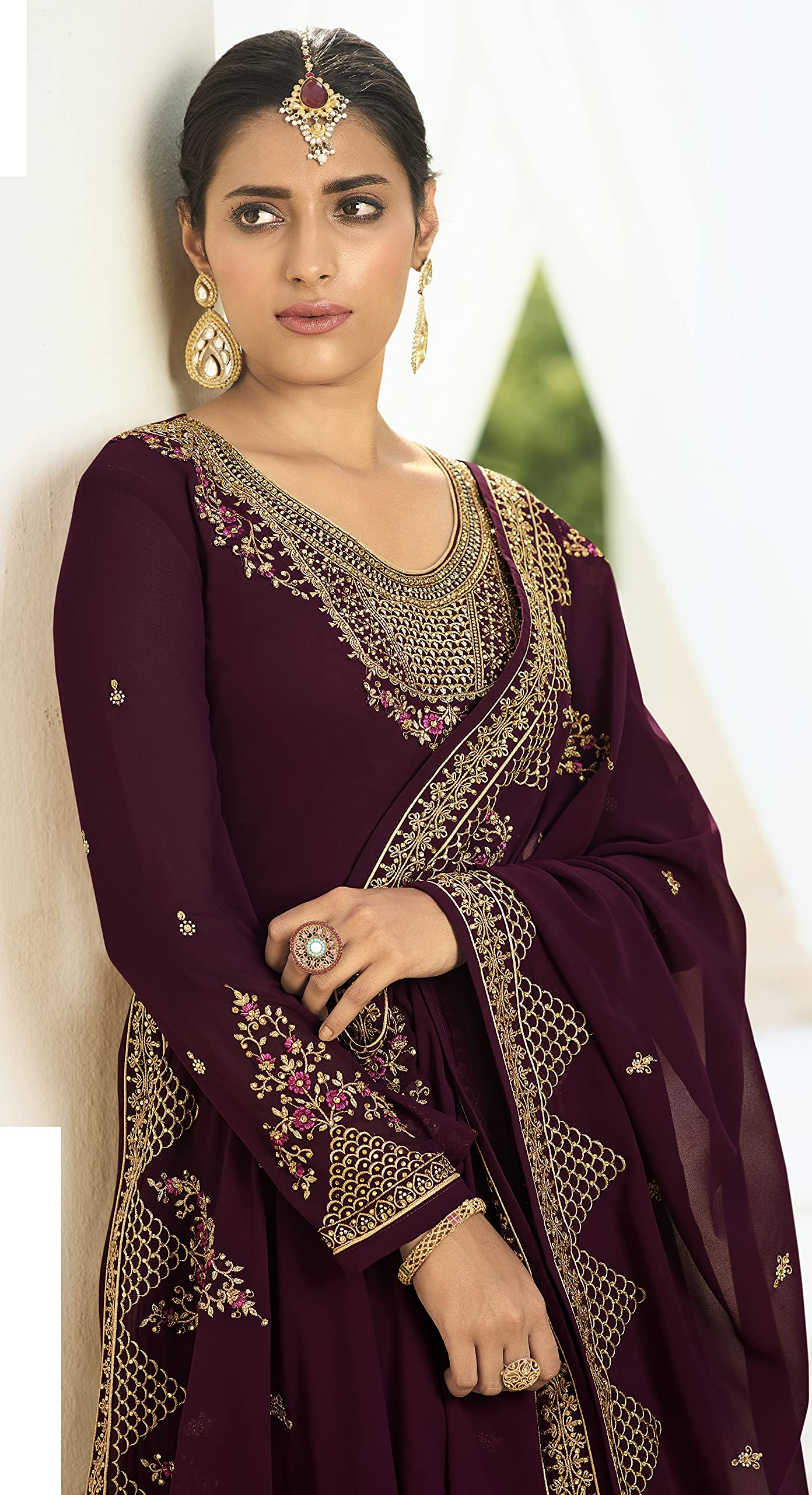 DRAVINAM Trends Women's Heavy Embroidered Pure Georgette Sharara Salwar Suit Dress Material with Heavy Embroidered Pure Georgette Dupatta (Free size_Maroonish red)