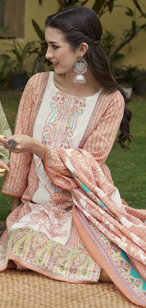 DRAVINAM Trends Kurti 2.50 mtrs, Pure Cotton Salwar (3 mtrs apx), Pure Cotton Mal Mal Print (2.30|Light Brown 1