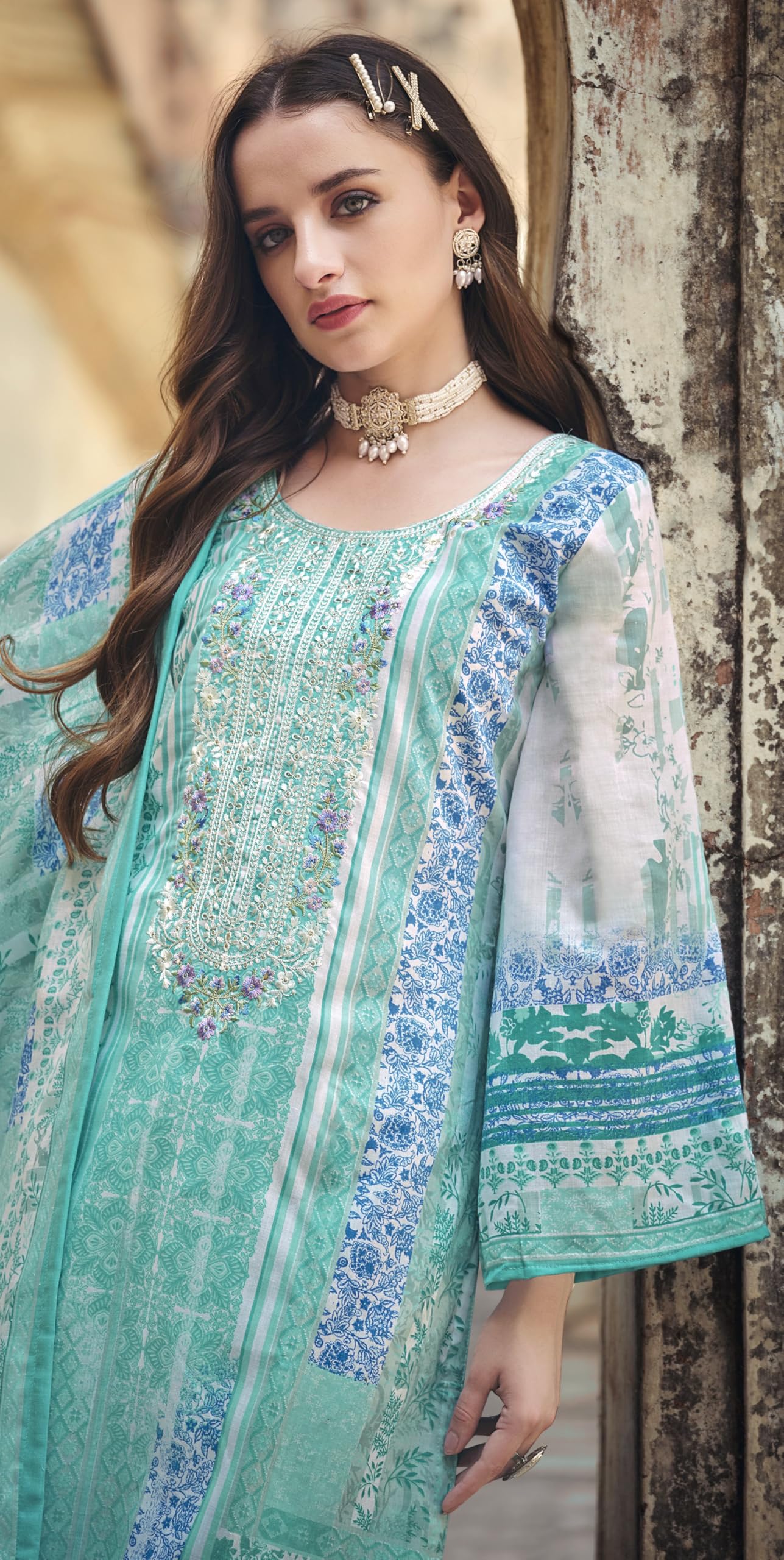 DRAVINAM Trends Women's Cotton Printed Thread Embroidery Work Unstitched Salwar Suit Dress Material With Dupatta (Grey, Unstitched Suit)