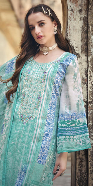 DRAVINAM Trends Women's Cotton Printed Thread Embroidery Work Unstitched Salwar Suit Dress Material With Dupatta (Grey, Unstitched Suit)