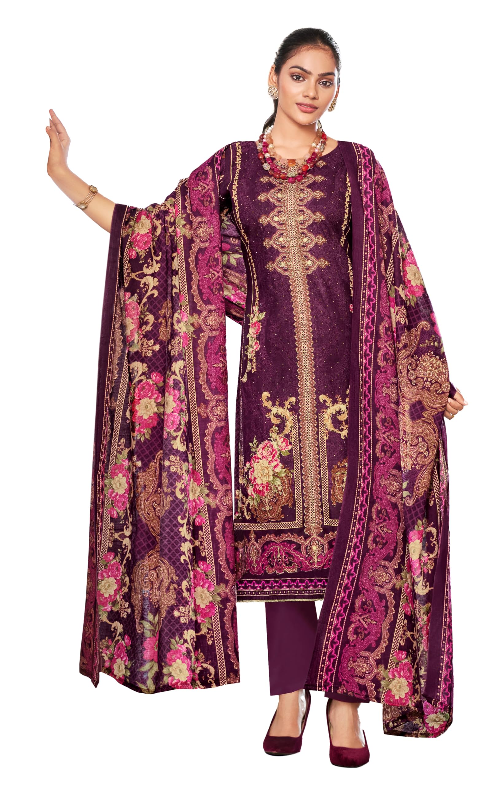 DRAVINAM Trends Women's Unstitched Embroidered Suit Dress Material - Heavy Viscose Rayon Printed Top with Fancy Hand Work and Siroski Work (2.5m), Rayon Bottom (2.8m), Cotton Dupatta (2.25m)