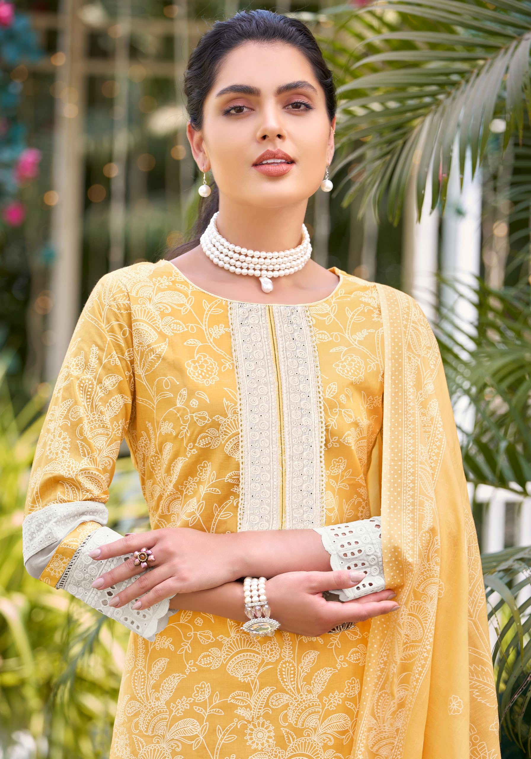 DRAVINAM Trends Women's Pure Cambric Cotton Printed Lace Work Unstitched Summer Ladies Suit Dress Material with Unstitched Cotton Bottoms and Cotton Printed Dupatta