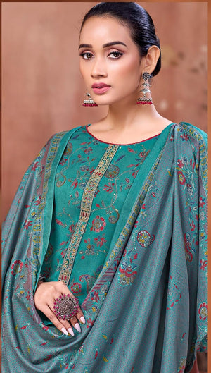 DRAVINAM Trends Women's Winter Wear Unstitched Discharge Print Hand Work Neck Embroidered Woollen Viscose Pashmina Salwar Suit Dress Material with Pashmina Printed Shawl Dupatta