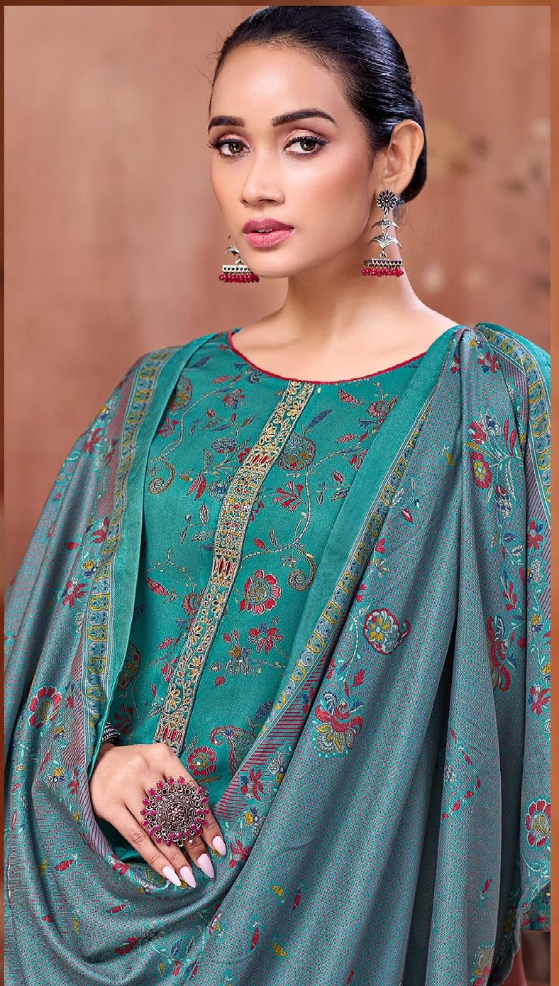 DRAVINAM Trends Women's Winter Wear Unstitched Discharge Print Hand Work Neck Embroidered Woollen Viscose Pashmina Salwar Suit Dress Material with Pashmina Printed Shawl Dupatta