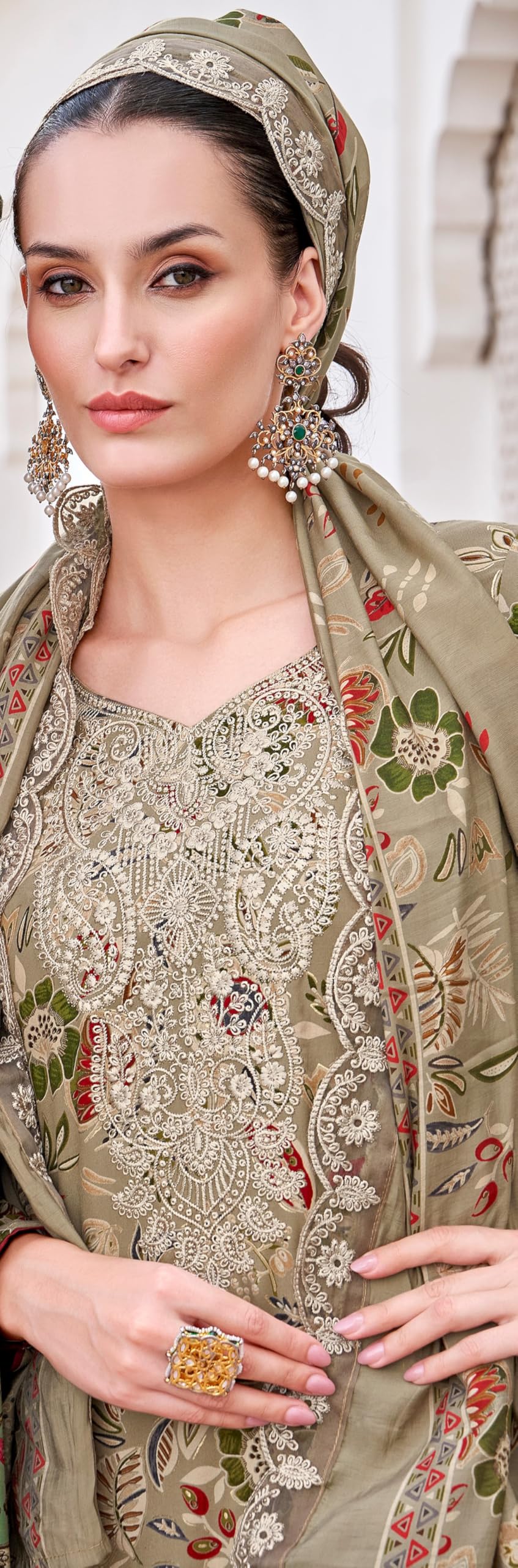 DRAVINAM Trends Pure Viscose Rayon Discharge Foil Printed Fancy Embroidered Daman Lace Suit Dress Material with Unstitched Rayon Bottoms and Cotton Embroidered Dupatta