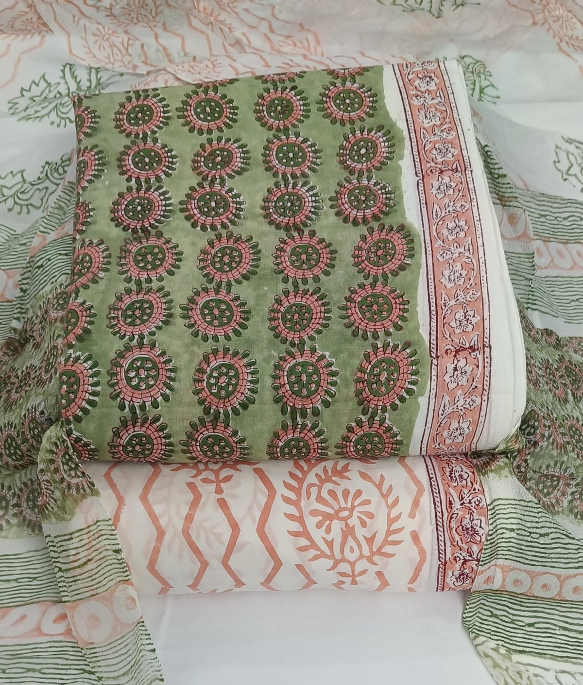 DRAVINAM Trends Hand Block Print Cambric Cotton Unstitched Salwar Suit Set for Women with Pure Chiffon Hand Printed Dupatta