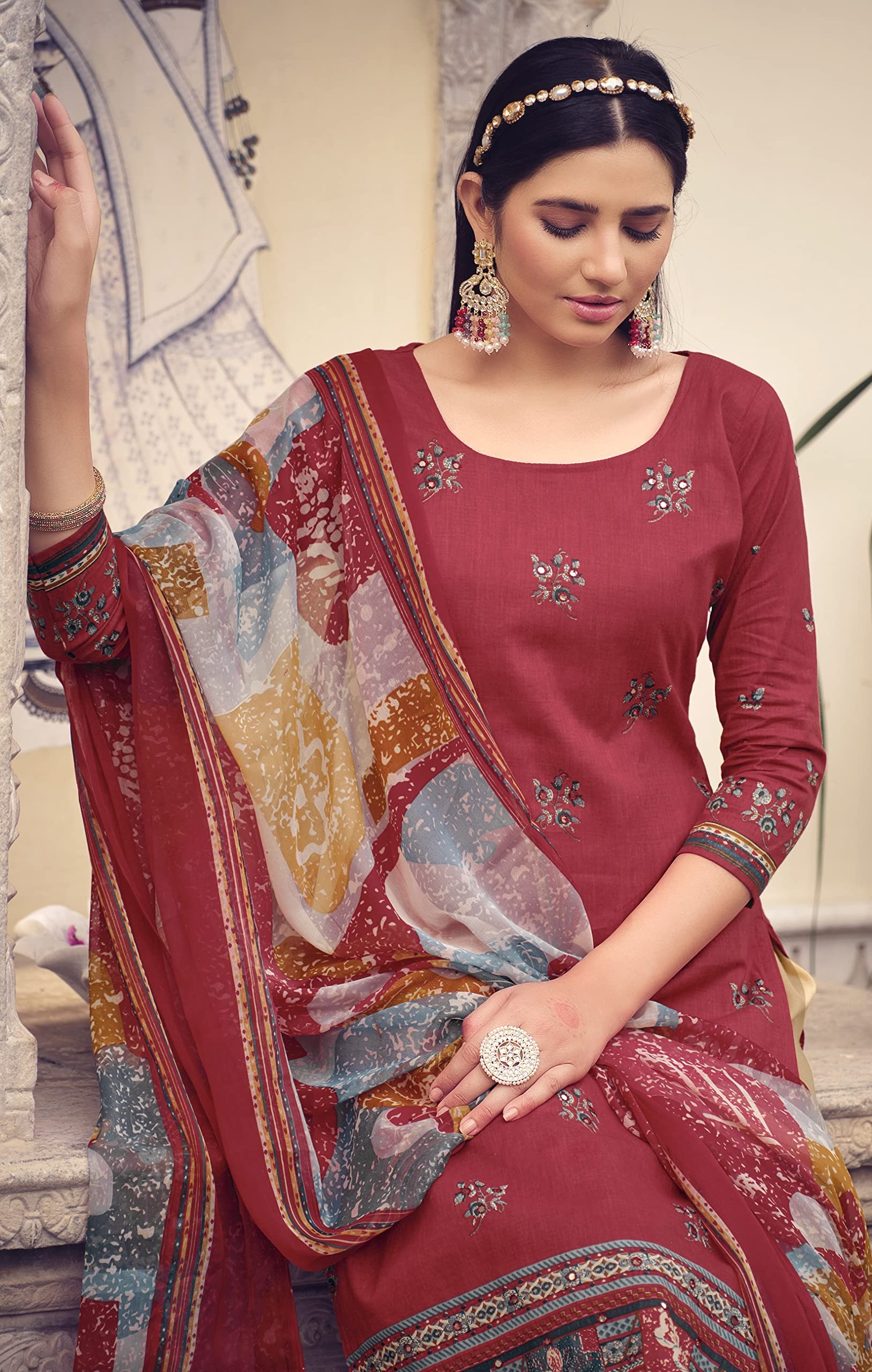 DRAVINAM Trends Unstitched Printed Mirror Work Cotton Salwar Suits Dress Material with Chiffon Dupatta (Green)
