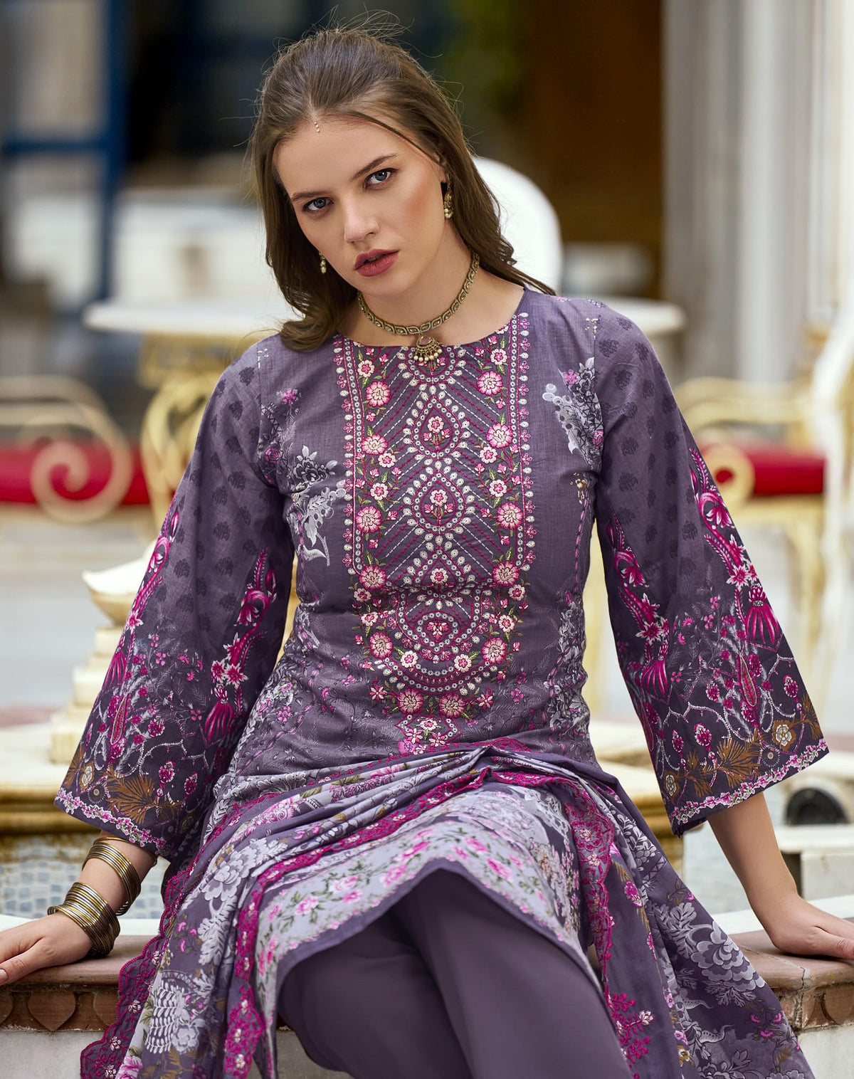 DRAVINAM Trends Women's Unstitched Pakistani Digital Print Embroidered Pure Cotton Salwar Suit Dress Materials with Cotton Embroidered Cutwork Dupatta