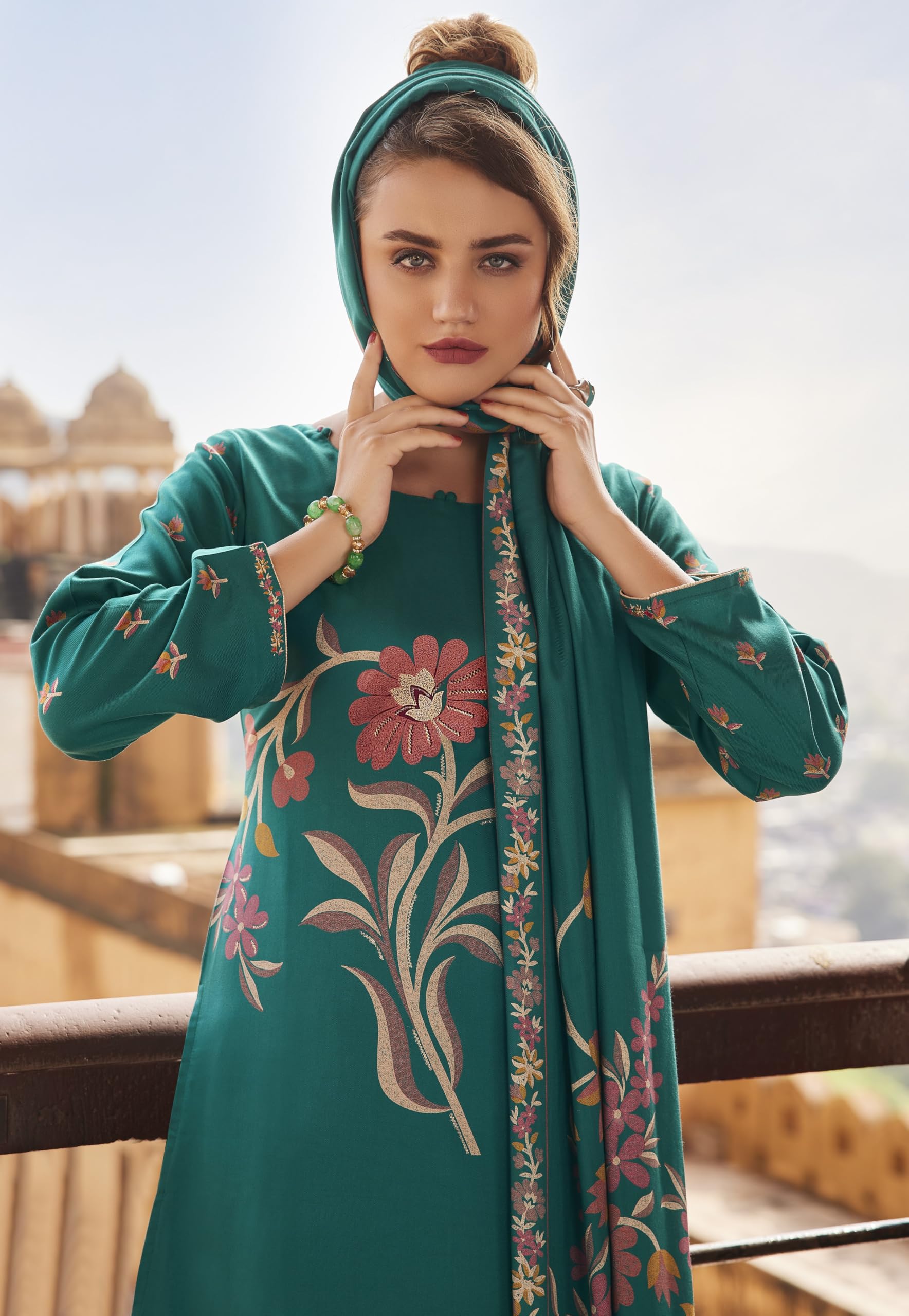 DRAVINAM Trends Complete Unstitch Pashmina Suit Set: Pure Viscose Pashmina Foil Print Top with Fancy Embroidery (2.5 m) II Solid Bottoms (2.8 m) II Digital Print Shawl Dupatta (2.25 m)