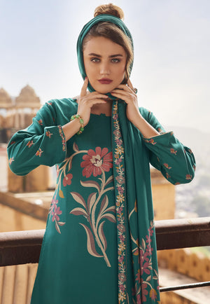 DRAVINAM Trends Complete Unstitch Pashmina Suit Set: Pure Viscose Pashmina Foil Print Top with Fancy Embroidery (2.5 m) II Solid Bottoms (2.8 m) II Digital Print Shawl Dupatta (2.25 m)