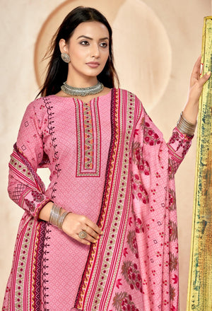 DRAVINAM Trends Women's Border Printed Pashmina Unstitch Winter Wear Salwar Suit Dress Material with Swaroski Work – Comes with Spun Dyed Bottom & Soft Woolen Shawl Dupatta