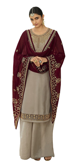 DRAVINAM Trends Women's Heavy Embroidered Pure Georgette Sharara Salwar Suit Dress Material with Heavy Embroidered Pure Georgette Dupatta (Free size_Maroonish red)