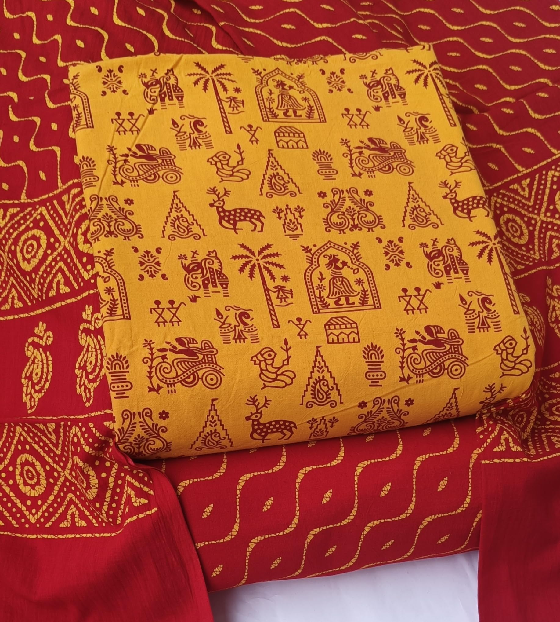 DRAVINAM Trends Women's Premium Cotton Unstitched Salwar Suit Dress Material Set | Traditional Rajasthani Gujari Block Print (Red & Mustard Yellow)