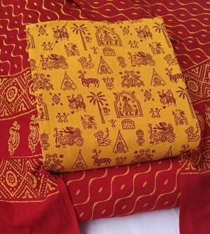 DRAVINAM Trends Women's Premium Cotton Unstitched Salwar Suit Dress Material Set | Traditional Rajasthani Gujari Block Print (Red & Mustard Yellow)