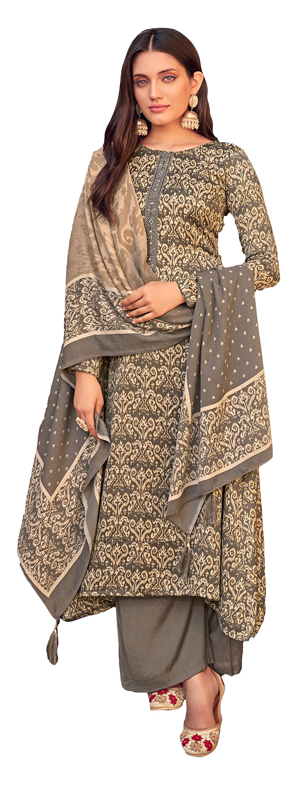 DRAVINAM Trends Women's Unstitched Embroidered Pure Woollen Pashmina Salwar Suit Dress Material with Digital Print Soft Pashmina Shawl Dupatta (Free Size_Grey)