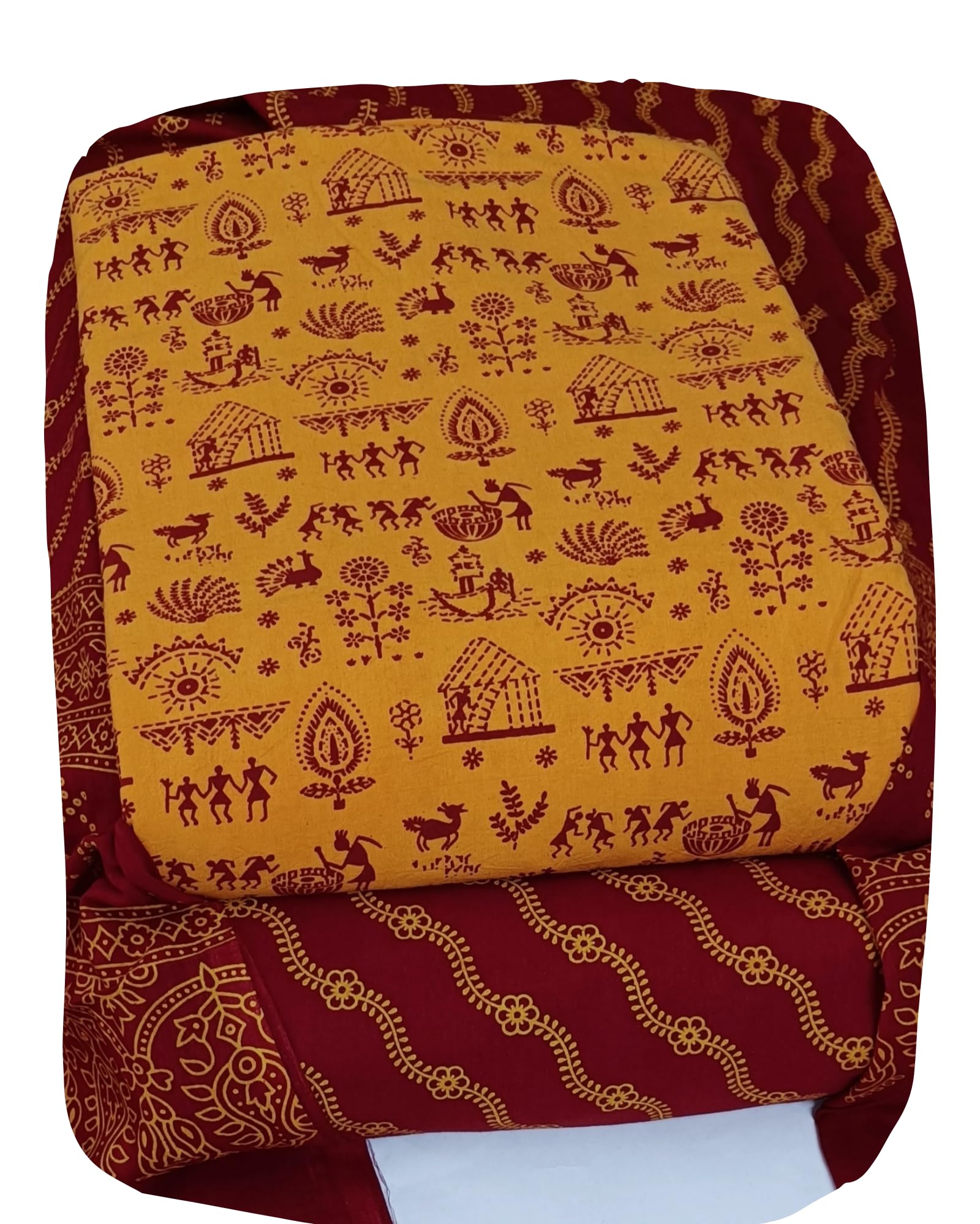 DRAVINAM Trends Women's Premium Cotton Unstitched Salwar Suit Dress Material Set | Traditional Rajasthani Gujari Block Print (Red & Mustard Yellow)