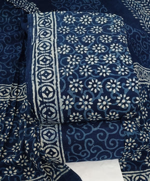 DRAVINAM Trends Hand Block Dabu Print Indigo Cambric Unstitched Cotton Suit Dress Material for Women with Mulmul Cotton Hand Printed Dupatta