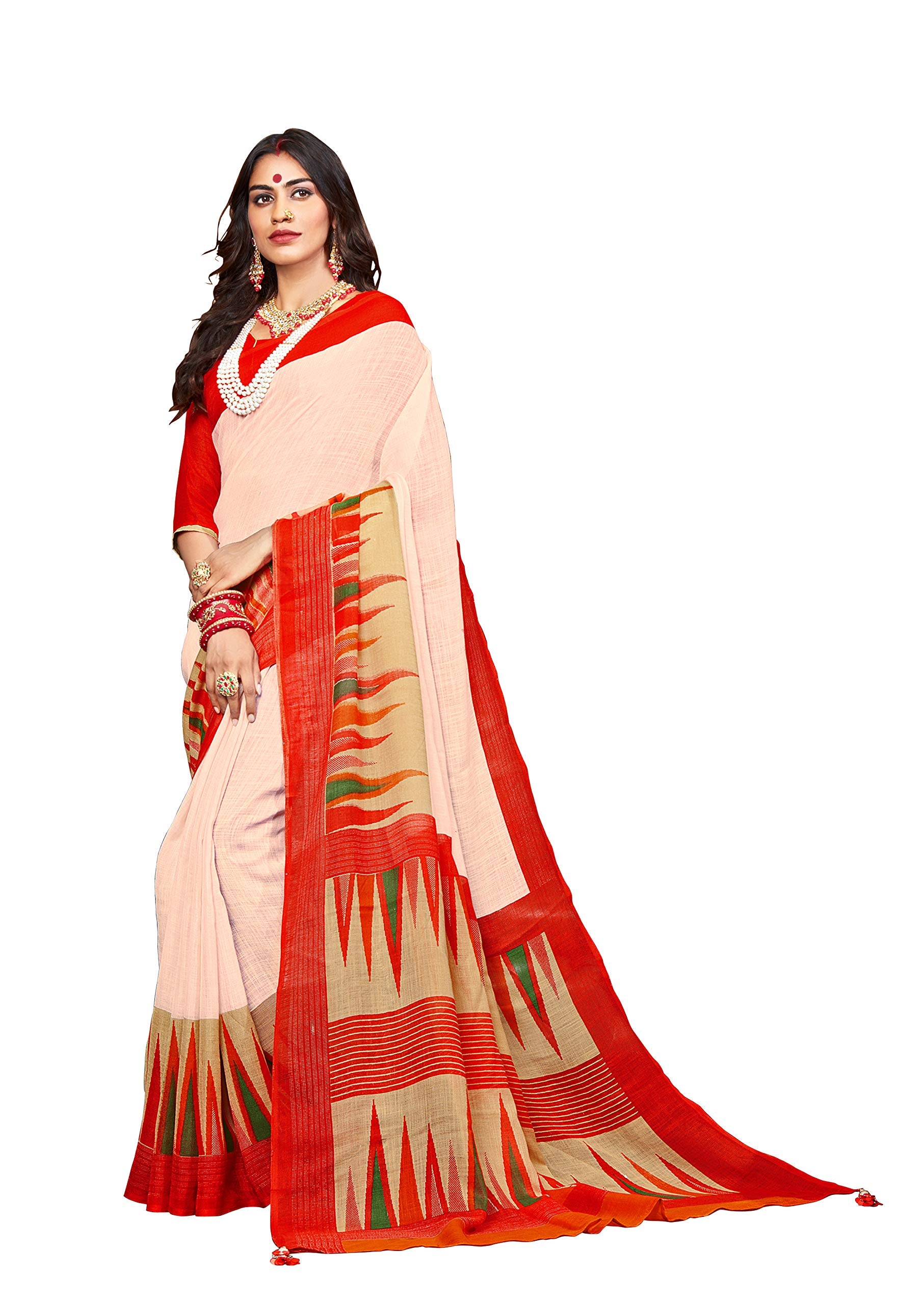 DRAVINAM Trends Women's Soft Khadi linen White and Red Printed bordered Saree with Matching Blouse Piece