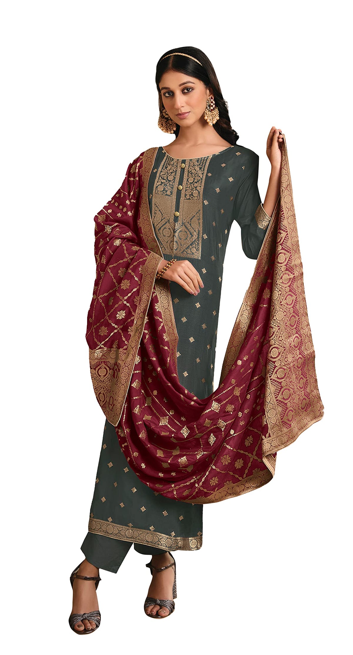 DRAVINAM Trends Women's Coral Silk Weaving Jacquard Unstitched Pakistani Salwar Suit Dress Material with Pure Coral Silk Weaving Jacquard Dupatta (Blue)