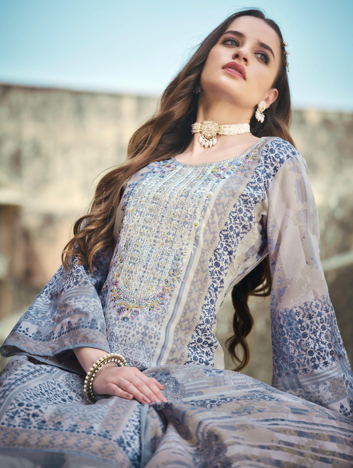 DRAVINAM Trends Women's Cotton Printed Thread Embroidery Work Unstitched Salwar Suit Dress Material With Dupatta (Grey, Unstitched Suit)