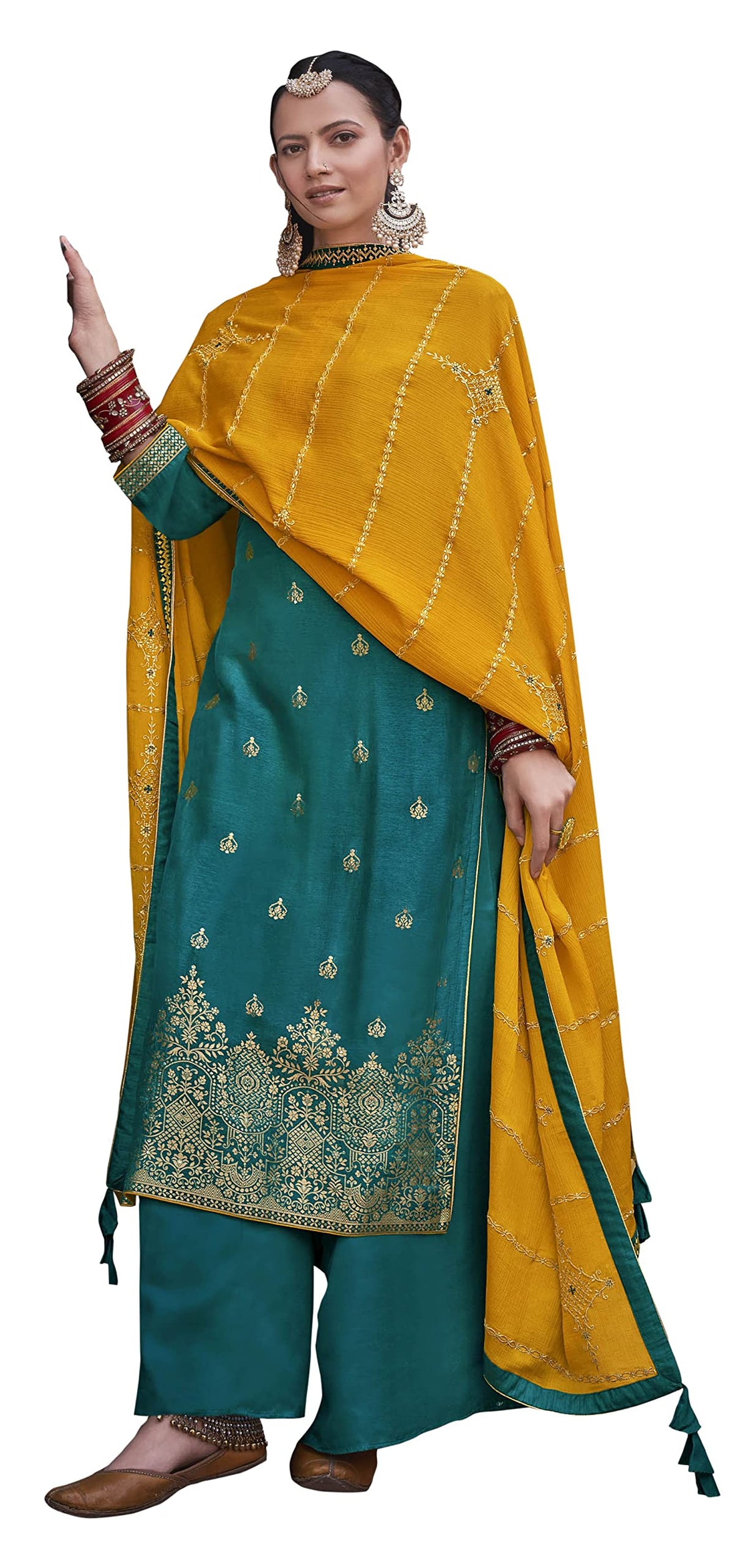 DRAVINAM Trends Women's Pure Banarasi Silk Jacquard Sequence embroidered Unstitched Salwar Suit Dress material with Chinon Silk Sequence and Embroidered Heavy Dupatta (Free size_Blue)