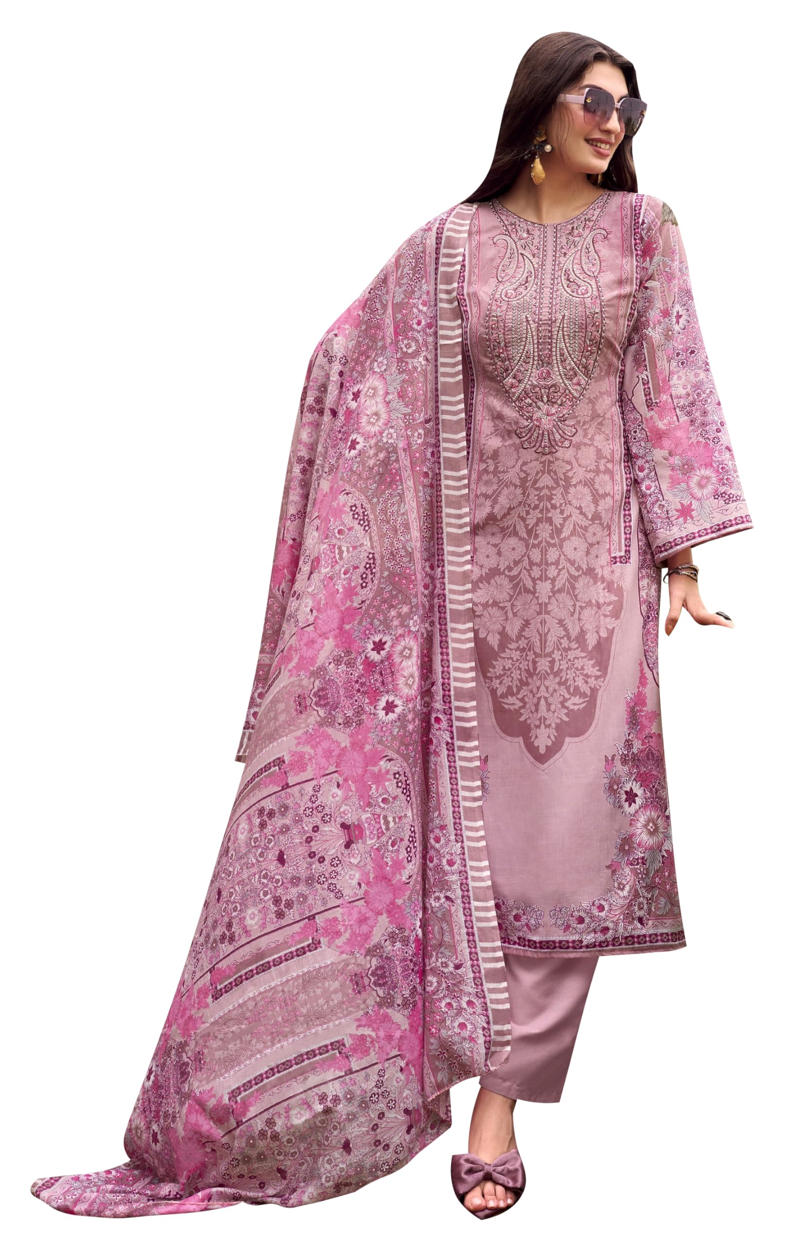 DRAVINAM Trends Women's Unstitched Cotton Suit Dress Material - Printed Embroidered Top II Plain Bottoms II Print Dupatta